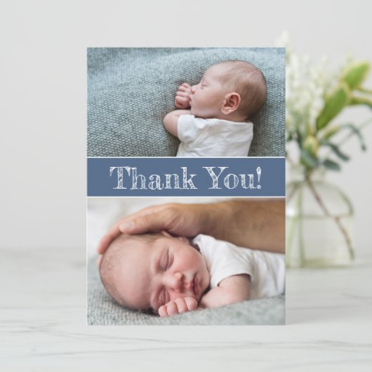 青いモダン男の赤ちゃん写真ありがとう 案内状 (スタンド正面)