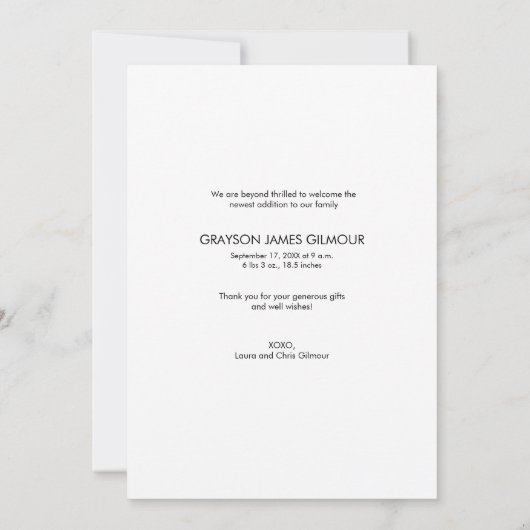 青いモダン男の赤ちゃん写真ありがとう 案内状 (裏面)