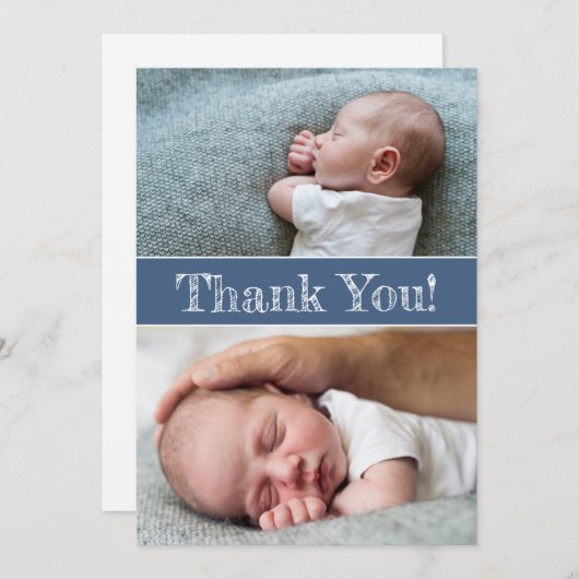 青いモダン男の赤ちゃん写真ありがとう 案内状 (正面/裏面)