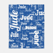 青いモダン白の短い名前の繰り返しパターン フリースブランケット (正面)