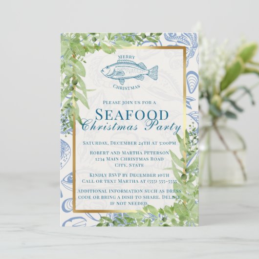 青いモダン白身魚シーフードクリスマスパーティー 招待状 (スタンド正面)