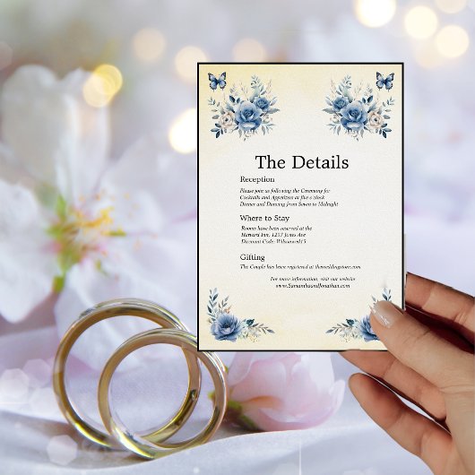 青いモダン花と蝶の詳細カード 招待状