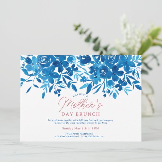 青いモダン花のスクリプト母の日ブランチ 招待状 (スタンド正面)