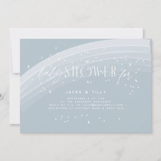 青いモダン虹と星ホワイトベビーシャワー 招待状 (正面)