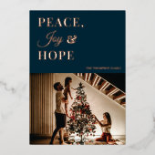 青いモダン金ゴールドスクリプト平和ジョイ希望の写真 箔シーズンカード (正面)