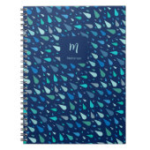 青いモダン雨カスタム滴モノグラムと名前 ノートブック (正面)