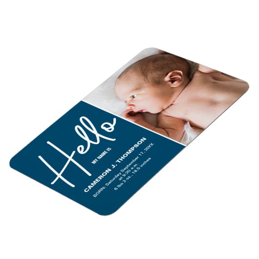 青いモダンHelloベビー写真誕生のお知らせ マグネット (左側)