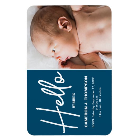 青いモダンHelloベビー写真誕生のお知らせ マグネット (縦)