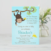 青いモデルのサル男の子の誕生日パーティーの招待状 招待状 (スタンド正面)