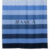 青いモノクロストライプのパターパーソナライズされたン名 シャワーカーテン (正面)