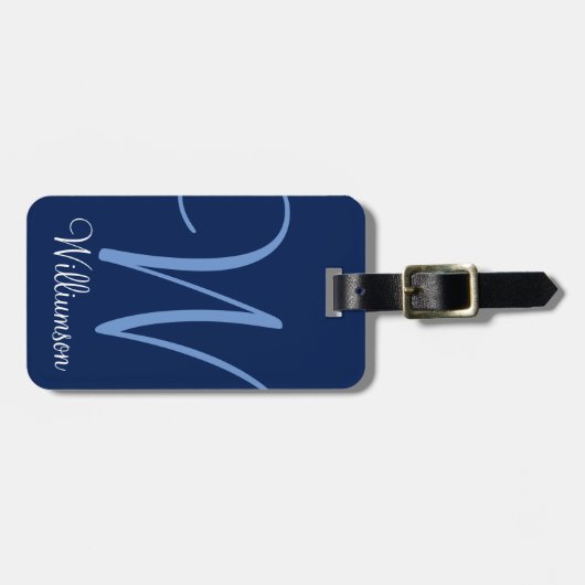 青いモノグラムのイニシャルの原稿の荷物のラベル ラゲッジタグ (正面横)