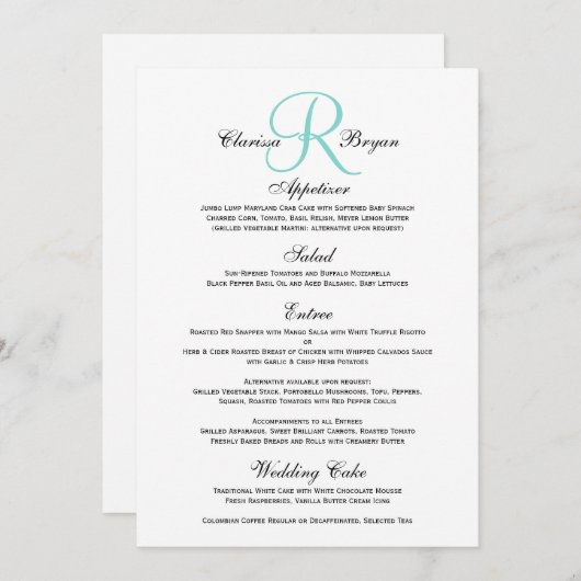 青いモノグラムのイニシャル#2が付いているシンプルな結婚式メニュー メニュー (正面/裏面)