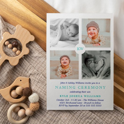 青いモノグラムの写真コラージュの命名式 シーズンカード