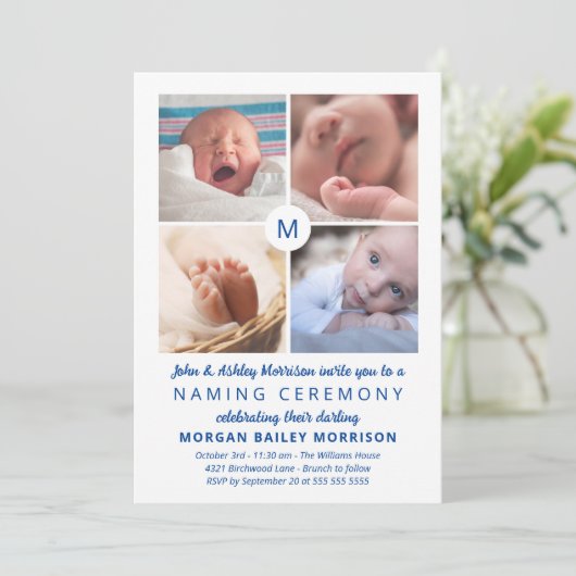 青いモノグラムの写真コラージュの命名式 招待状 (スタンド正面)