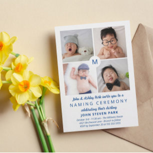 青いモノグラムの写真コラージュの命名式 招待状