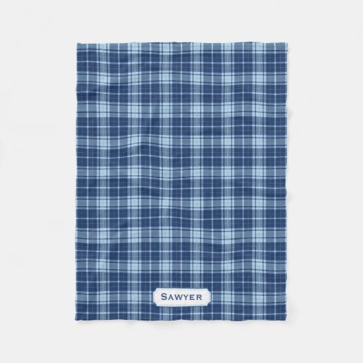 青いモノグラムの格子模様素朴の居心地の良さ フリースブランケット (正面)