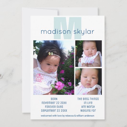 青いモノグラムシンプル採用3フォトコラージュ 案内状 (正面)