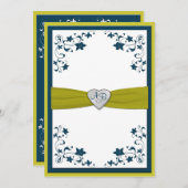 青いモノグラム緑の花の結婚式招待状 招待状 (正面/裏面)