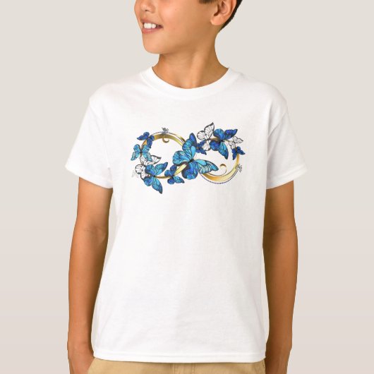 青いモルフォ蝶のインフィニティシンボル Tシャツ (正面)