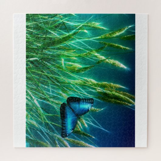 青いモルフォ蝶の緑の草 ジグソーパズル (横)