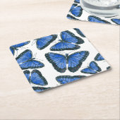 青いモルフォ・バタフライ・パターンデザイン スクエアペーパーコースター (アングル)