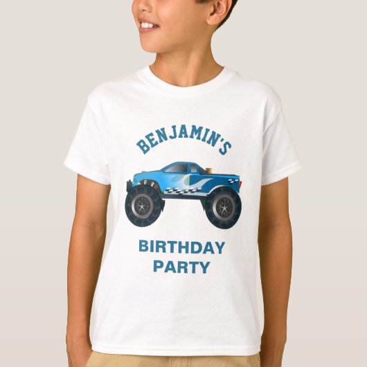 青いモンスタートラックの子供の誕生日のパーティー Tシャツ (正面)