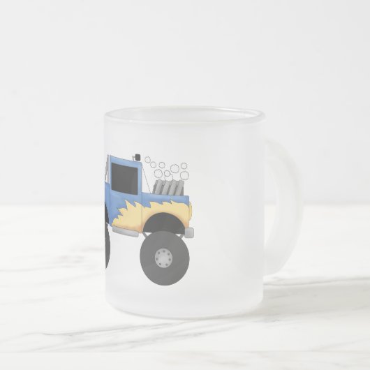 青いモンスタートラックのTシャツおよびギフト フロストグラスマグカップ (正面右)