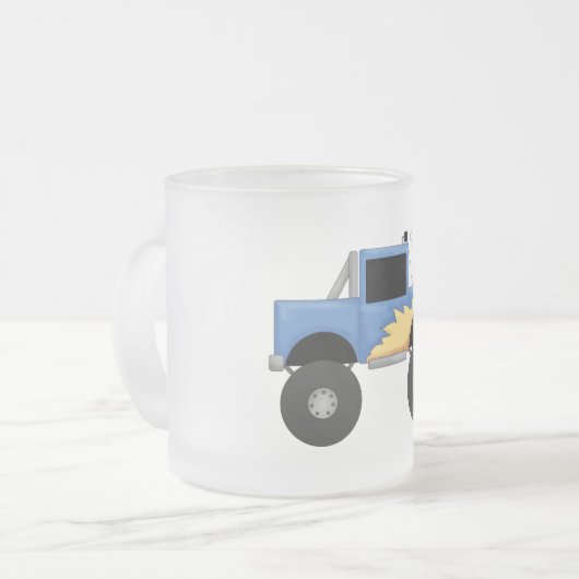 青いモンスタートラックのTシャツおよびギフト フロストグラスマグカップ (正面左)