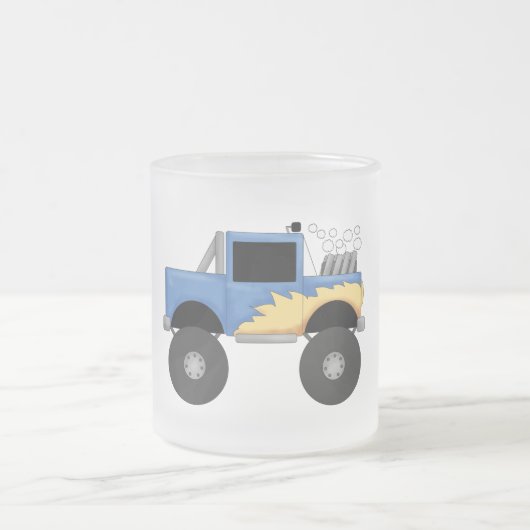 青いモンスタートラックのTシャツおよびギフト フロストグラスマグカップ (中央)