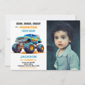 青いモンスター トラックの誕生日招待状の写真 招待状 (正面)