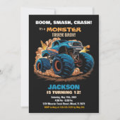 青いモンスター トラックの誕生日招待状 黒 招待状 (正面)