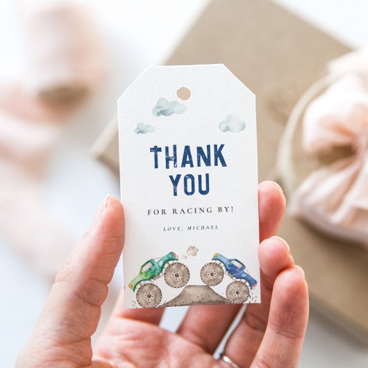 青いモンスター・トラックの誕生日 ギフトタグ