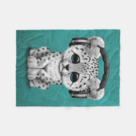 青いユキヒョウのカブスかわいいDjの身に着けているヘッドホーン フリースブランケット (正面(横))