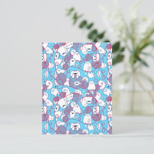 青いユーモアあふれるかわいい編み物キットねこ玉 シーズンポストカード (スタンド正面)