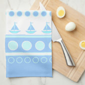 青いヨットおよび円の列 キッチンタオル (四つ折り)