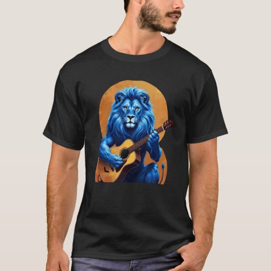青いライオンがギターを演奏するライオン Tシャツ (正面)