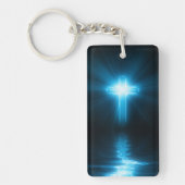 青いライトのキリスト教の十字 キーホルダー (正面)