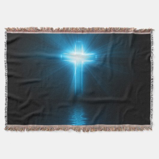 青いライトのキリスト教の十字 スローブランケット (正面)