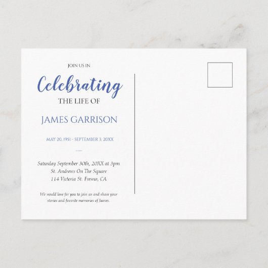 青いライフセレブレーション フォト付き葬儀招待状 ポストカード (裏面)