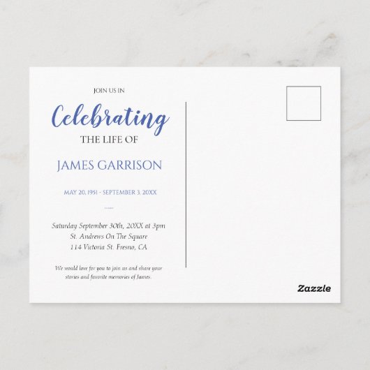 青いライフセレブレーション フォト葬儀招待状 ポストカード (裏面)