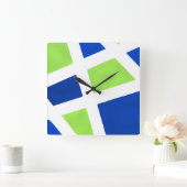 「青いライムの白Geometric スクエア壁時計 (ホーム)