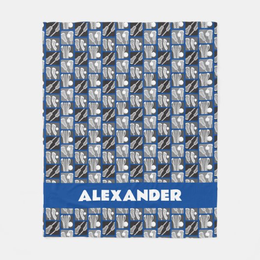 青いラクロスの棒とボールのブロック フリースブランケット (正面)