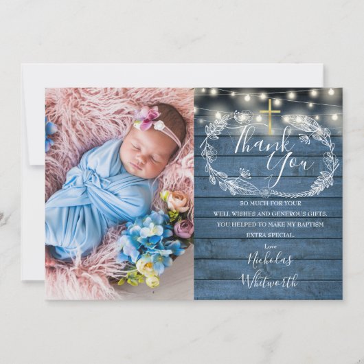 青いラスティックなストリングライトの写真 洗礼 サンキューカード (正面)