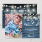 青いラスティックなストリングライトの写真 洗礼 サンキューカード (正面/裏面)