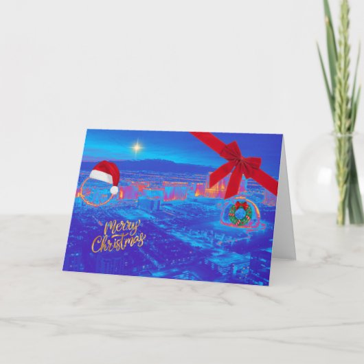 青いラスベガス クリスマスカード サンキューカード (正面)