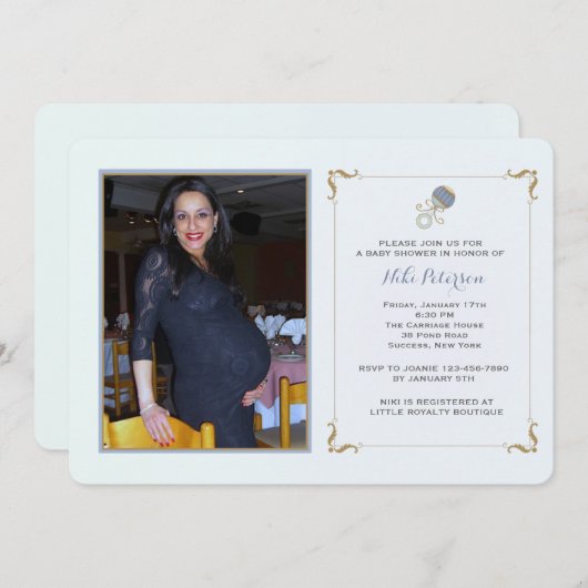 青いラッセル音の写真のベビーシャワーの招待状 招待状 (正面/裏面)