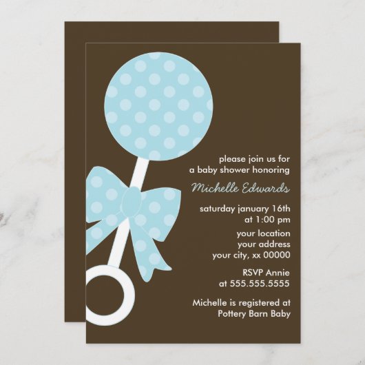 青いラッセル音の男の子のベビーシャワー 招待状 (正面/裏面)