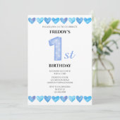 青いラブハートの1歳の誕生日の写真 招待状 (スタンド正面)