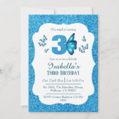 青いラメがきらきら輝くかわいい3歳の誕生日 招待状 (正面)