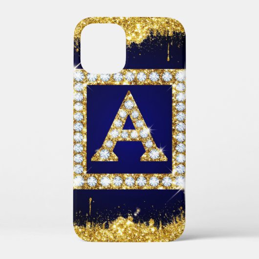 青いラメの背景に金色のモノグラムイニシャルA Case-Mate iPhoneケース (裏面)